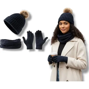 Čepice EMBOURO Dámská sada 3v1 ZIMNÍ Čepice Bambule Nákrčník Akrylové rukavice