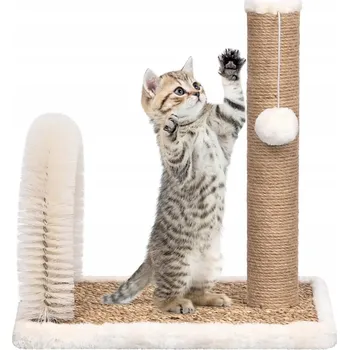 Škrabadlo pro kočky s míčkem a kartáčem, hnědo-bílé, 49 x 29 x 42 cm