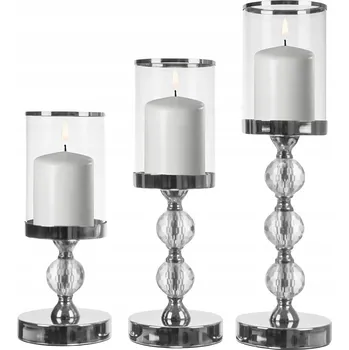Svícen 3x SVÍCEN SADA KOVOVÝ SKLENĚNÝ LANTERNA STŘÍBRNÁ DEKORACE GLAMOUR