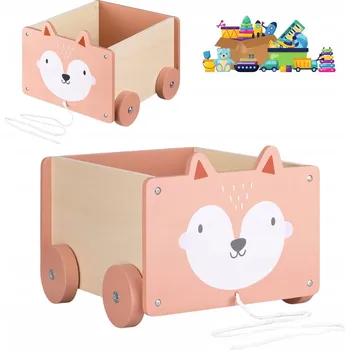 Úložný box DŘEVĚNÝ ORANŽOVÝ KRABIČKA NA KOLEČKÁCH NA HRAČKY PRO DĚTI LIŠKA VOZÍK