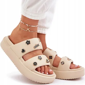 Dámské pantofle NAZOUVÁKY DÁMSKÉ LEHKÉ PĚNOVÉ S OZDOBAMI MÓDNÍ BÉŽOVÉ 36/37