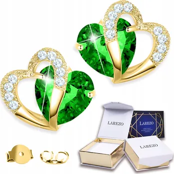 Náušnice Zlaté Náušnice Zelená Křišťálová Srdce Srdíčka se Zirkony STŘÍBRO 925