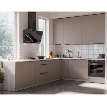 Kuchyňská linka Kuchyňská linka ARIA, sestava D, 290 cm x 230 cm, 10 skříněk, Aria sandgrau /bílá