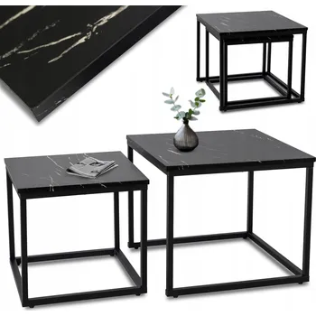 Konferenční stolek Kulatý Konferenční Stolek Mramorový Černý Set 2v1 Lavice Glamour Černá JUNO