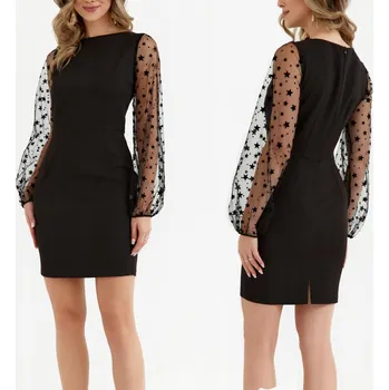 Dámské šaty STYLOVÉ DÁMSKÉ MINI ŠATY POUZDROVÉ KRAJKOVÉ OZDOBNÉ RUKÁVY ČERNÉ 40 L