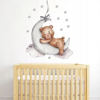 Samolepící dekorace NÁLEPKY NA ZEĎ DO DĚTSKÉHO POKOJE NA SKŘÍŇ NÁBYTEK MEDVÍDEK SPÍCÍ NA MĚSÍCI