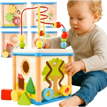 Dřevěná hračka DŘEVĚNÁ EDUKAČNÍ KOSTKA MONTESSORI LABYRINT HRAČKA DÁREK K NAROZENINÁM