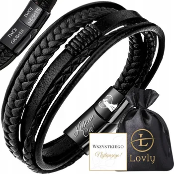 Náramek KOŽENÝ PÁNSKÝ NÁRAMEK NEREZOVÁ OCEL 316L ČERNÝ PREMIUM S GRAVÍROVÁNÍM
