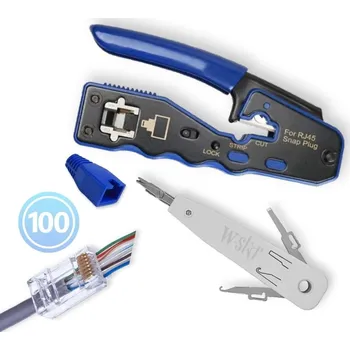 Krimpovací kleště W-Star WS850 - Sada nářadí pro síťaře, kleště RJ45 RJ11, narážeč, 100x RJ45EZ, 100x krytka