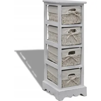 Komoda Dřevěná skříňka se 4 pletenými košíky, bílá