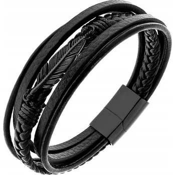 Náramek Dámský kožený náramek s pírkem, pletený