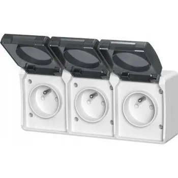 Elektrická zásuvka Trojitá zásuvka s uzemněním, nástěnná, s kouřovou klapkou Aqua Plus IP44, bílá