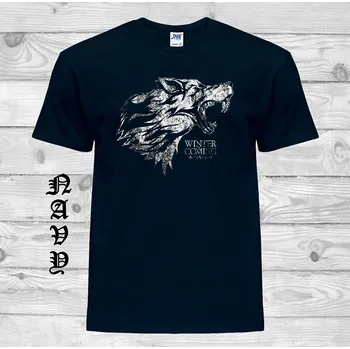 Pánské tričko levne-bavlnene-tricko-potisk-vlk-Stark-hra-trun Barva: Navy - tmavě modrá, velikost: S