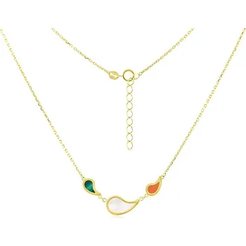 Náhrdelník GEMMAX Zlatý náhrdelník BOTT kapky s perletí, malachitem a karneolem délka 42+3 cm – zlatý šperk ryzosti 585/1000 v Dárkovém balení s Certifikátem GLNYV-45-03904