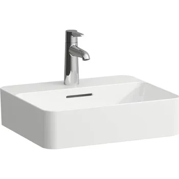 LAUFEN VAL - umyvadlová mísa, s armaturní deskou (H812280) Barva: Bílá LCC (Laufen Clean Coat), Provedení: 1 otvor pro baterii, středový