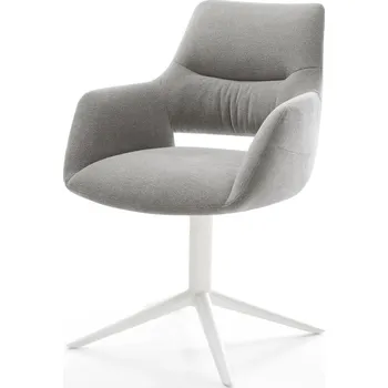 Jídelní židle DELIFE Jídelní židle Yago-Flex s područkami strukturovaná látka Měkký šedá podnož křížová bílá 360° otočný houpací funkce taštičkové pružiny
