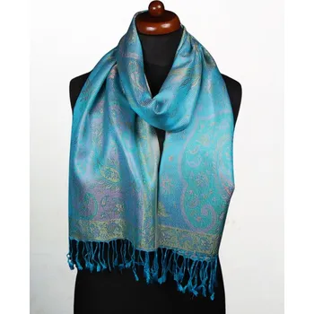 Šála Hedvábná šála Super střední tyrkysová se žlutou a růžovou