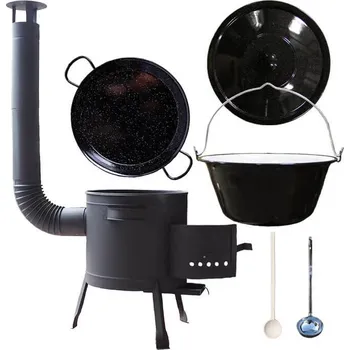 Kempingové nádobí Smaltovaný kotlík 20 L + Paella smaltovaná pánev 46 cm + žáruvzdorná nízká kotlina 42 PLUS 600 + poklice + vařečka + naběračka