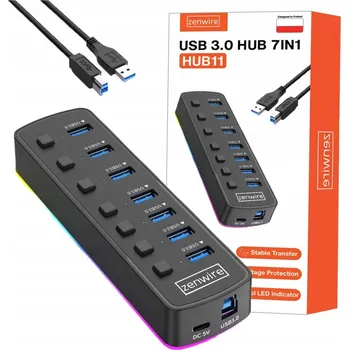 USB hub USB Hub Zenwire Aktywny HUB 7w1 7x USB 3.0 z Zasilaniem USB-C 7 portů