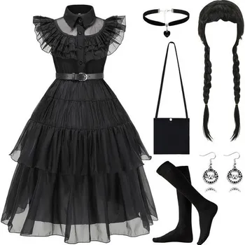 Karnevalový kostým PWOKAO Luxusní středeční kostým pro děti, 8dílná sada černých šatů s parukou, taškou a ponožkami,