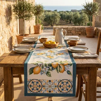 ubrus Běhoun s citrony 37 × 100 cm modrý žlutý