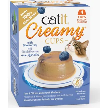 Pamlsek pro kočku 4x25g Catit Creamy Cups tuňák a kuřecí s borůvkami kočičí snacky