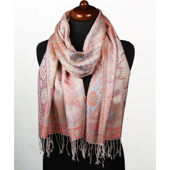 Šála Hedvábná šála Super střední Tsering smetanová s červenou a světle modrou