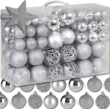 Vánoční dekorace VÁNOČNÍ BAŇKY NA VÁNOČNÍ STROMEČEK SADA XXL STŘÍBRNÉ 100 KS 6/4/3 CM + HVĚZDA