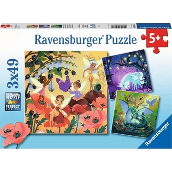 Puzzle Ravensburger puzzle víly, drak a jednorožec – 3×49 dílků