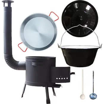 Kempingové nádobí Smaltovaný kotlík 16 L + Paella ocelová pánev 46 cm + žáruvzdorná nízká kotlina 39 PLUS 600 + poklice + vařečka + naběračka zdarma