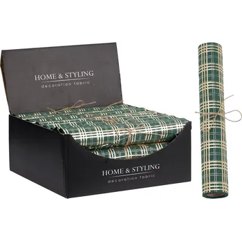 Organza látková 28x270 cm - zelená, vzor káro zlaté barvy