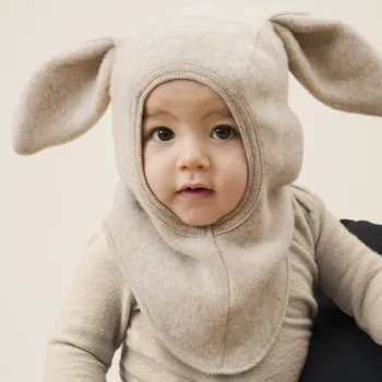 Kojenecká čepice HutteliHut Vlněná/Fleecová kukla s oušky - Camel Melange, vel. 50