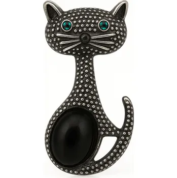 Brož Stříbrná brož Kočka s onyxem a zelenýma očima
