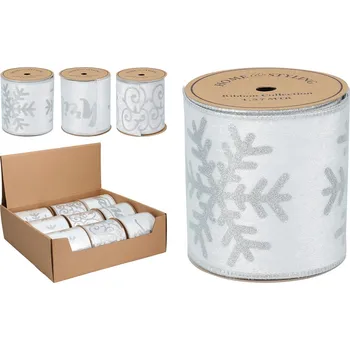 Stuha Dekorační stuha 10x457 cm stříbrná / třpytivý potisk (mix 3 vzorů, cena /1 ks)