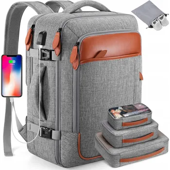 turistický batoh CESTOVNÍ BATOH PRO ŽENY A MUŽE 40L – DO LETADLA, SADA 4V1 ŠEDÝ