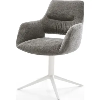 Jídelní židle DELIFE Jídelní židle Yago-Flex s područkami bouclé měkký tmavě béžová křížová podnož bílá 360° otočný houpací funkce taštičkové pružiny