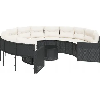 Zahradní lehátko Kulatá zahradní pohovka s polštáři a stolkem, černá, 287 x 70 cm