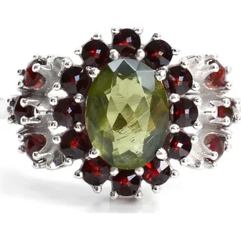 Prsten Stříbrný prsten český granát a vltavín Jacqueline - 52, Rhodiování