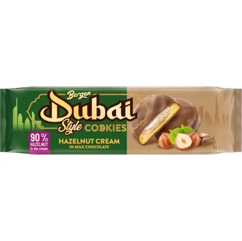 Čokoláda Bergen Dubai Style cookies mléčná čokoládová sušenka plněná lísko oříškovým krémem 96g