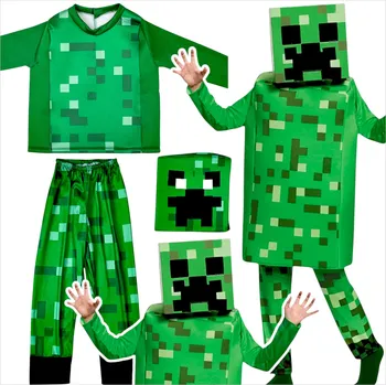 Karnevalový kostým KOSTÝM PRO CHLAPCE Z PIXELOVÉ HRY PIXELOVÝ KOSTÝM ZELENÝ MUŽ KOMPLET CREEPY