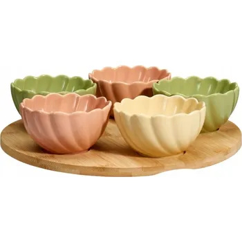 KERAMICKÉ MISKY KVĚTINKY 5 KUSŮ NA BAMBUSOVÉM PODNOSU, PRŮMĚR 10 CM