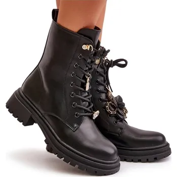 Dámská zimní obuv KOTNÍKOVÉ BOTY DÁMSKÉ WORKERY Z EKO KŮŽE MÓDNÍ OZDOBY NÍZKÝ PODPATEK ČERNÉ 39