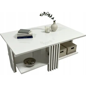 Konferenční stolek KONFERENČNÍ STOLEK OBDÉLNÍKOVÝ DO OBÝVACÍHO POKOJE LAVIČKA DŘEVĚNÁ S POLICÍ BÍLÝ LESK