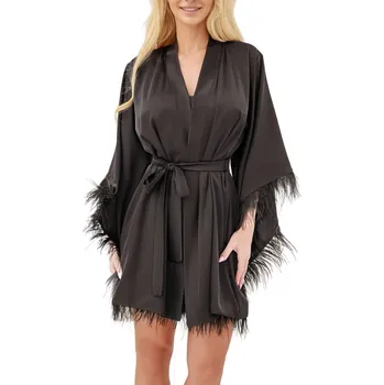 Dámský župan Saténový Župan zdobený peřím, převázaný páskem, Moon S, černý, tmavě sexy