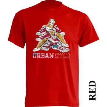 Pánské tričko levne-bavlnene-tricko-potisk-tenisky-urban-style Barva: Red - červená, velikost: L
