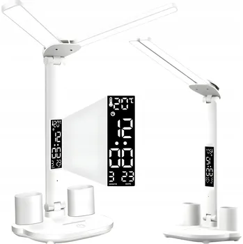 Lampička LED stolní lampička Silver Sharky bílá s hodinami a organizérem