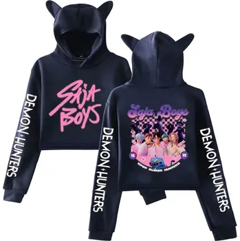 Dámský svetr KPop Demon Hunters (Lovkyně démonů) KPop Demon Hunters - kratší dívčí/dámská mikina (potisk Saja Boys) Barva: tmavě modrá, Velikost: XXS