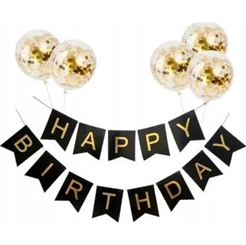 Girlanda ČERNO-ZLATÁ balónky NÁPIS Zlatý BANNER HAPPY BIRTHDAY NAROZENINY