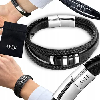 Náramek PÁNSKÝ NÁRAMEK KOŽENÝ ČERNÝ OCEL ŠIROKÝ 19 CM Z KŮŽE JAKO DÁREK