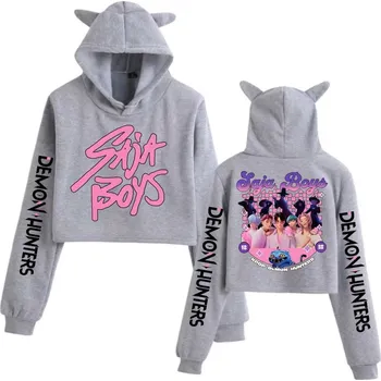 Dámský svetr KPop Demon Hunters (Lovkyně démonů) KPop Demon Hunters - kratší dívčí/dámská mikina (potisk Saja Boys) Barva: Šedá, Velikost: XXS